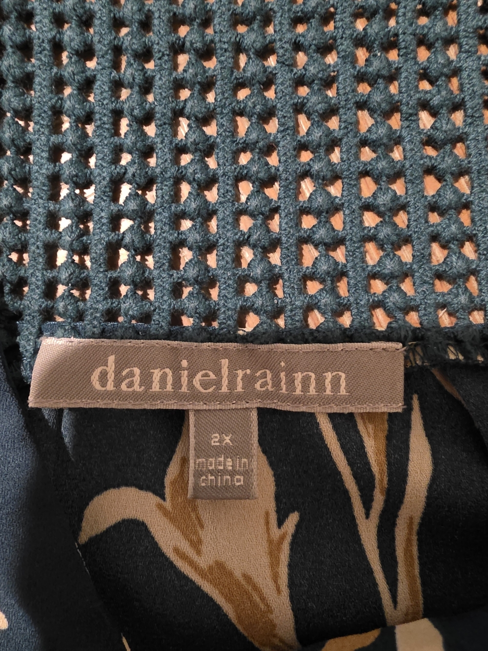 Daniel Rainn Teal Crochet Detail Blouse with Tan Floral Print
